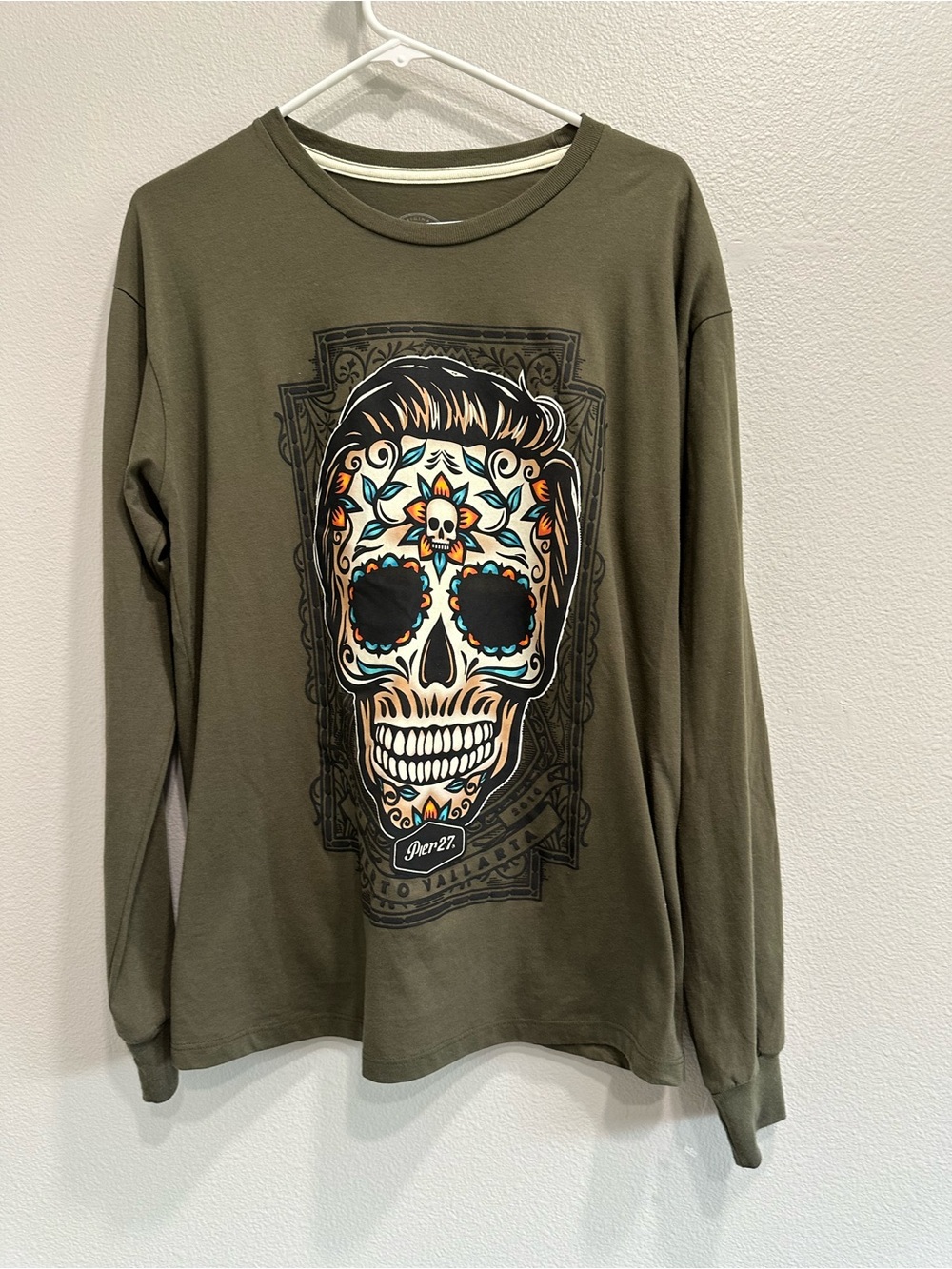 Pier 27 large Olive Green Long-Sleeve Graphic Skull Tee,Puerto Vallarta